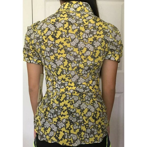 100% Silk Badgley Mischka Yellow Gray 729 Floral Women Blouse Size Petites 2 NWT - Picture 2 of 12